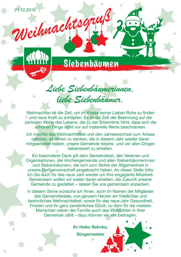 Weihnachtsgruß des Bürgermeisters Gemeinde Siebenbäumen